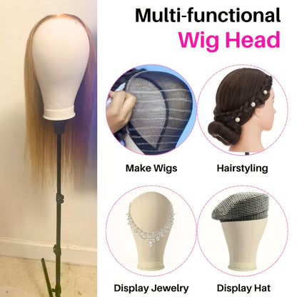 Canvas Mannequin Head Sets in 21, 22, 23 or 24 Inch Options with Table Clamp, Pins and Wig Caps