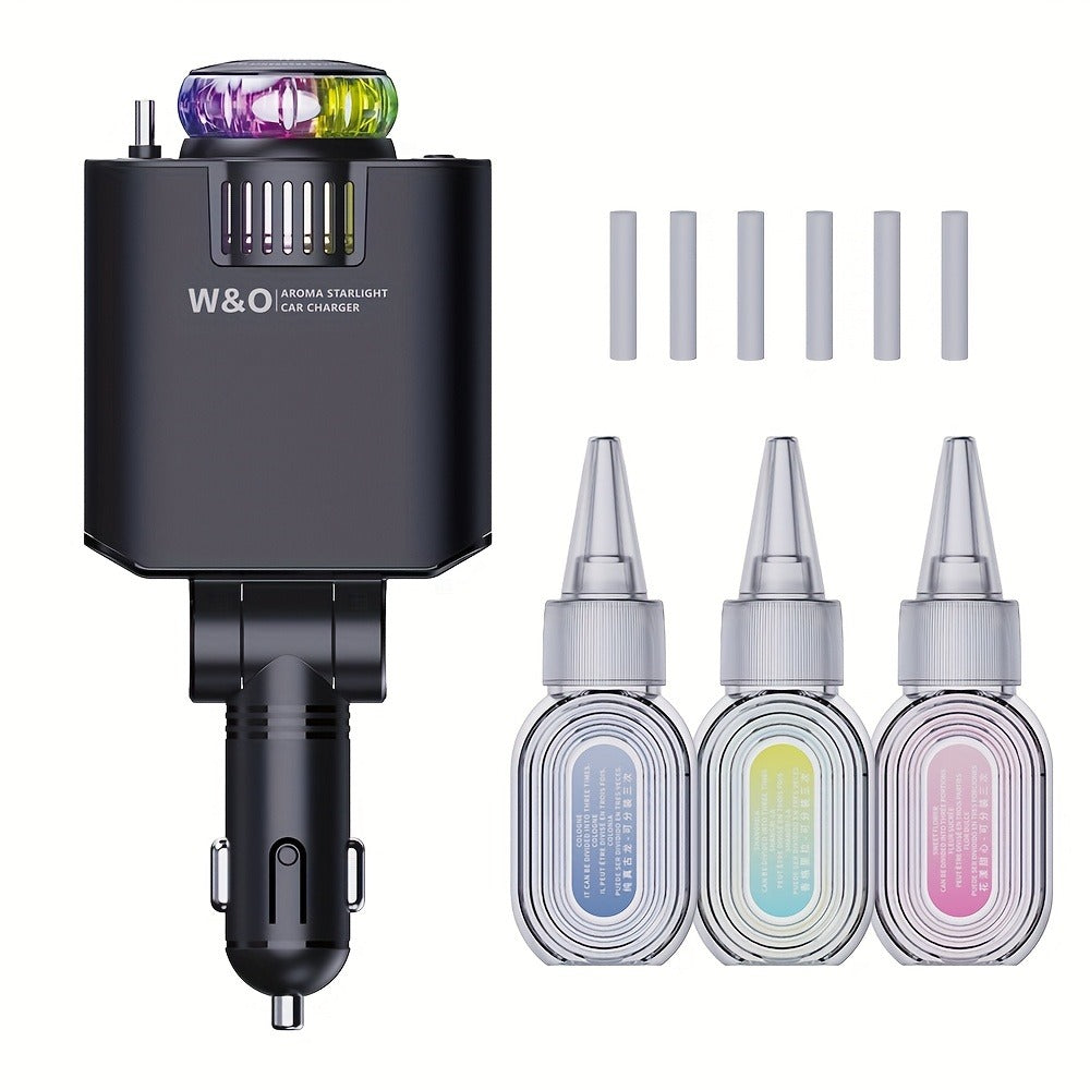3-in-1 Car Charger, Air Freshener & Starry Sky Ceiling Light – Retractable Type-C & Lightning Cable, Aromatherapy Perfume, Purple Ambient Light, for iPhone & Android