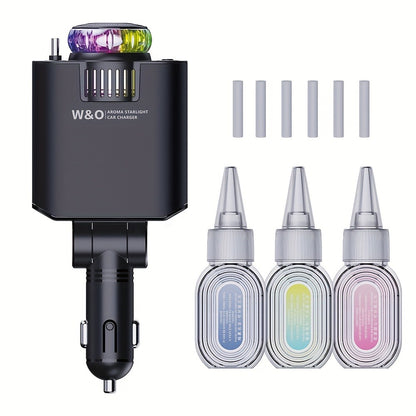 3-in-1 Car Charger, Air Freshener & Starry Sky Ceiling Light – Retractable Type-C & Lightning Cable, Aromatherapy Perfume, Purple Ambient Light, for iPhone & Android