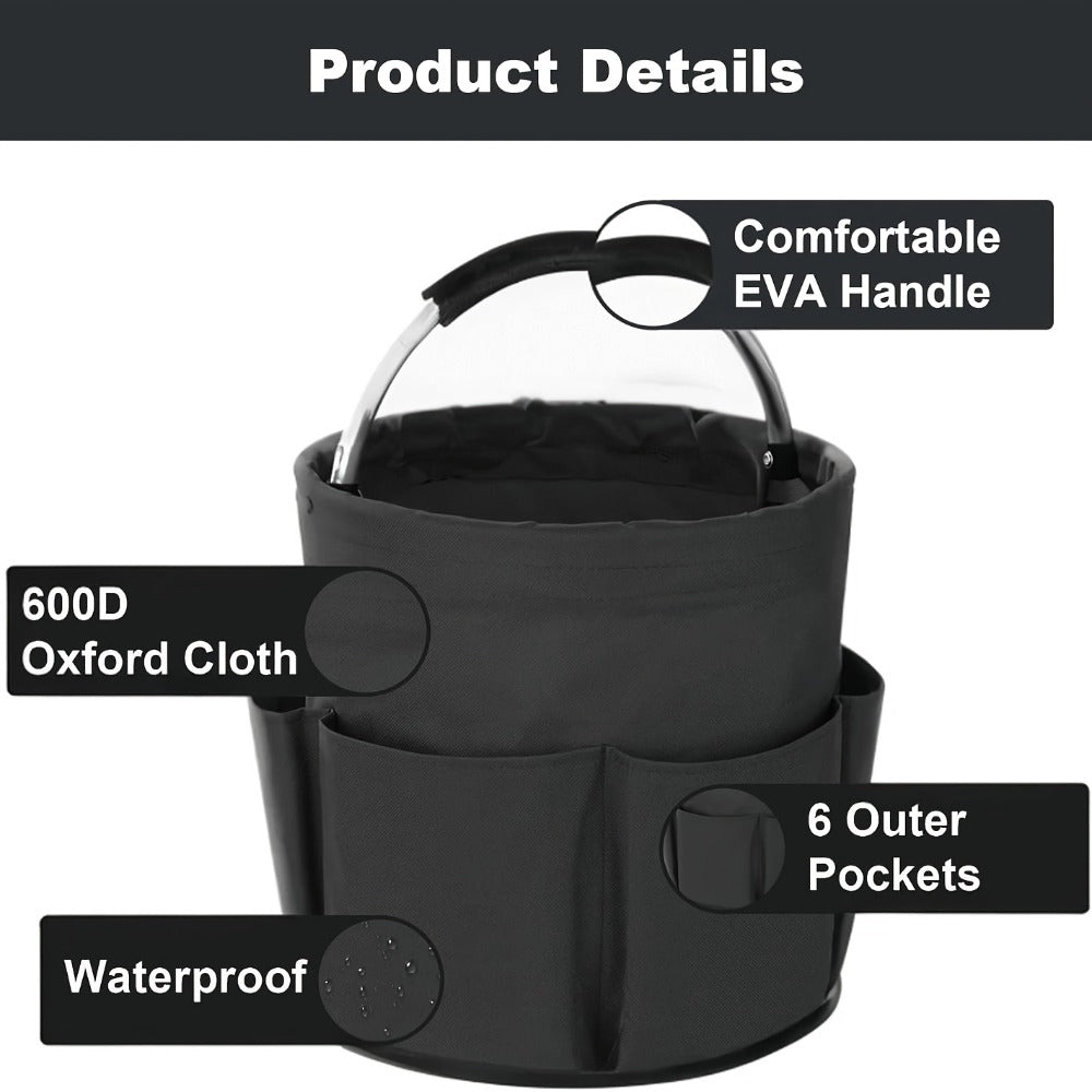 Foldable Cleaning Caddy Organizer 17L with Handle – Portable Collapsible Bucket Bag with 6 Pockets for Cleaning Supplies, Toiletries & Garden Tools, Multi-Purpose Home Travel Basket