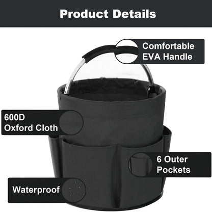 Foldable Cleaning Caddy Organizer 17L with Handle – Portable Collapsible Bucket Bag with 6 Pockets for Cleaning Supplies, Toiletries & Garden Tools, Multi-Purpose Home Travel Basket