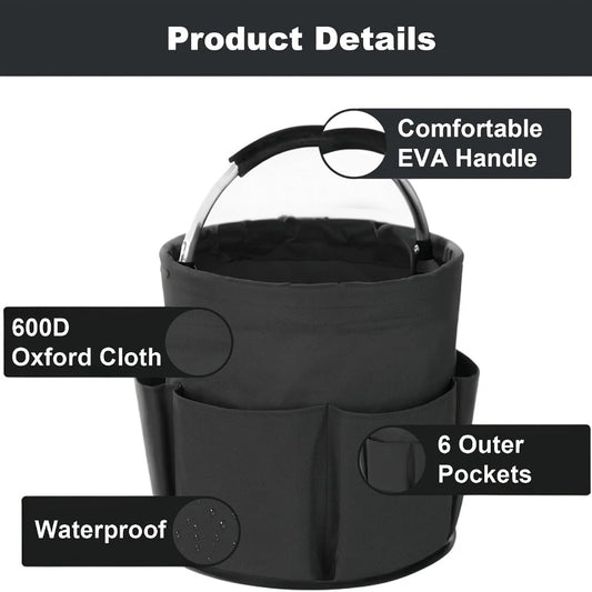 Foldable Cleaning Caddy Organizer 17L with Handle – Portable Collapsible Bucket Bag with 6 Pockets for Cleaning Supplies, Toiletries & Garden Tools, Multi-Purpose Home Travel Basket