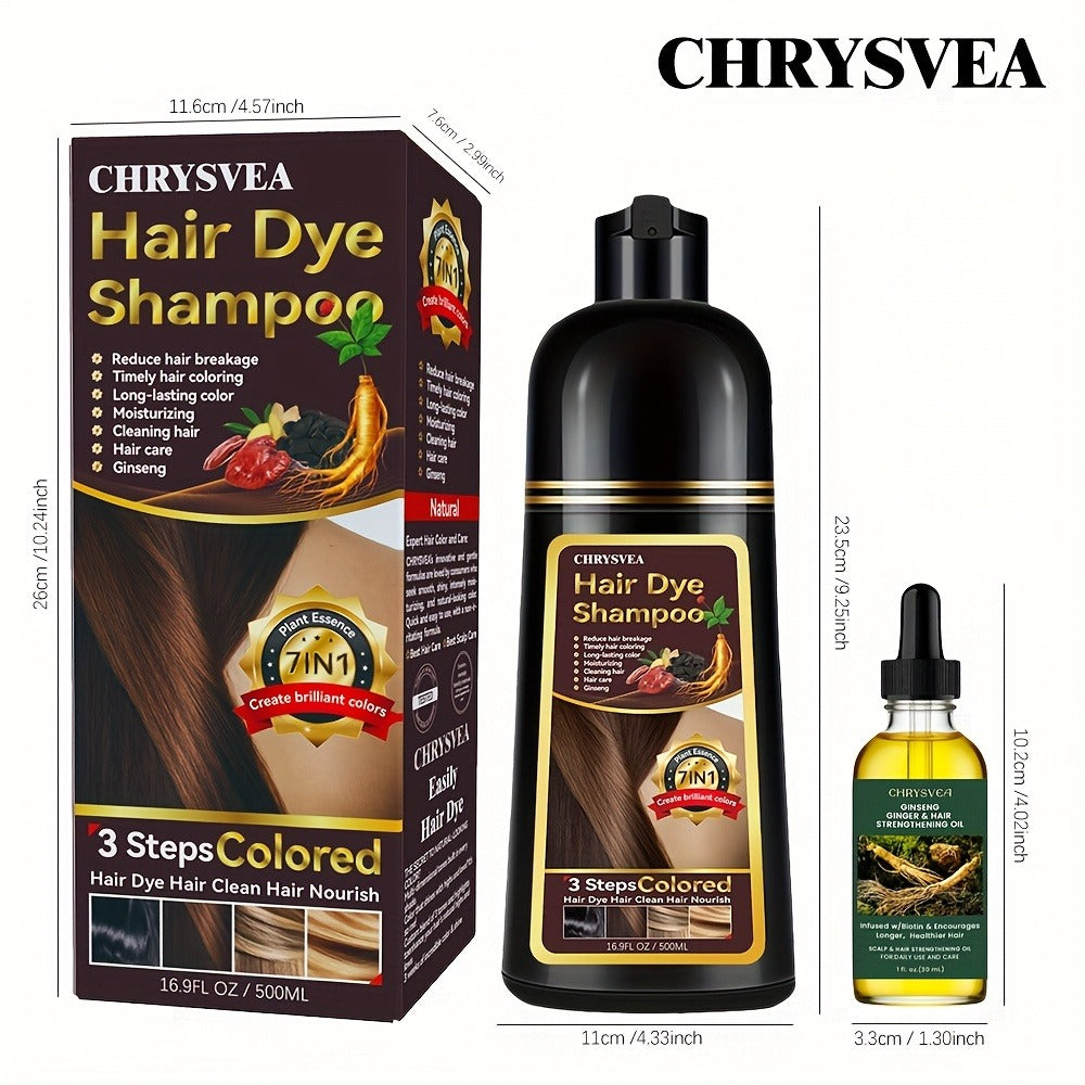 Hair Dye Shampoo, CHRYSVEA 500ml Bottle with 30ml Hair Oil and Nine Shade Options Set for At-Home Color Selection