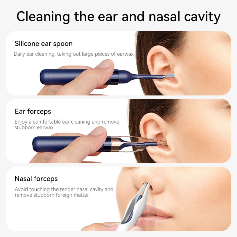 Rechargeable Camera Ear Cleaning Set with LED Light, Silicone Tips, Storage Case and Creamy White or Blue Finish