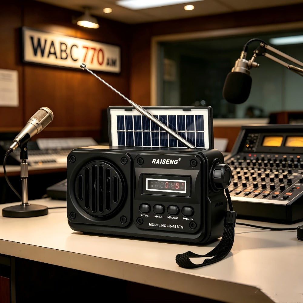 Retro FM Radio Speaker with Solar Panel, Bluetooth, USB and TF Card Playback in Black or Brown