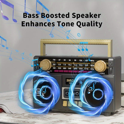 Portable AM/FM/SW Radio with 1200mAh Battery, Bluetooth, USB/TF/AUX Playback and LED Flashlight