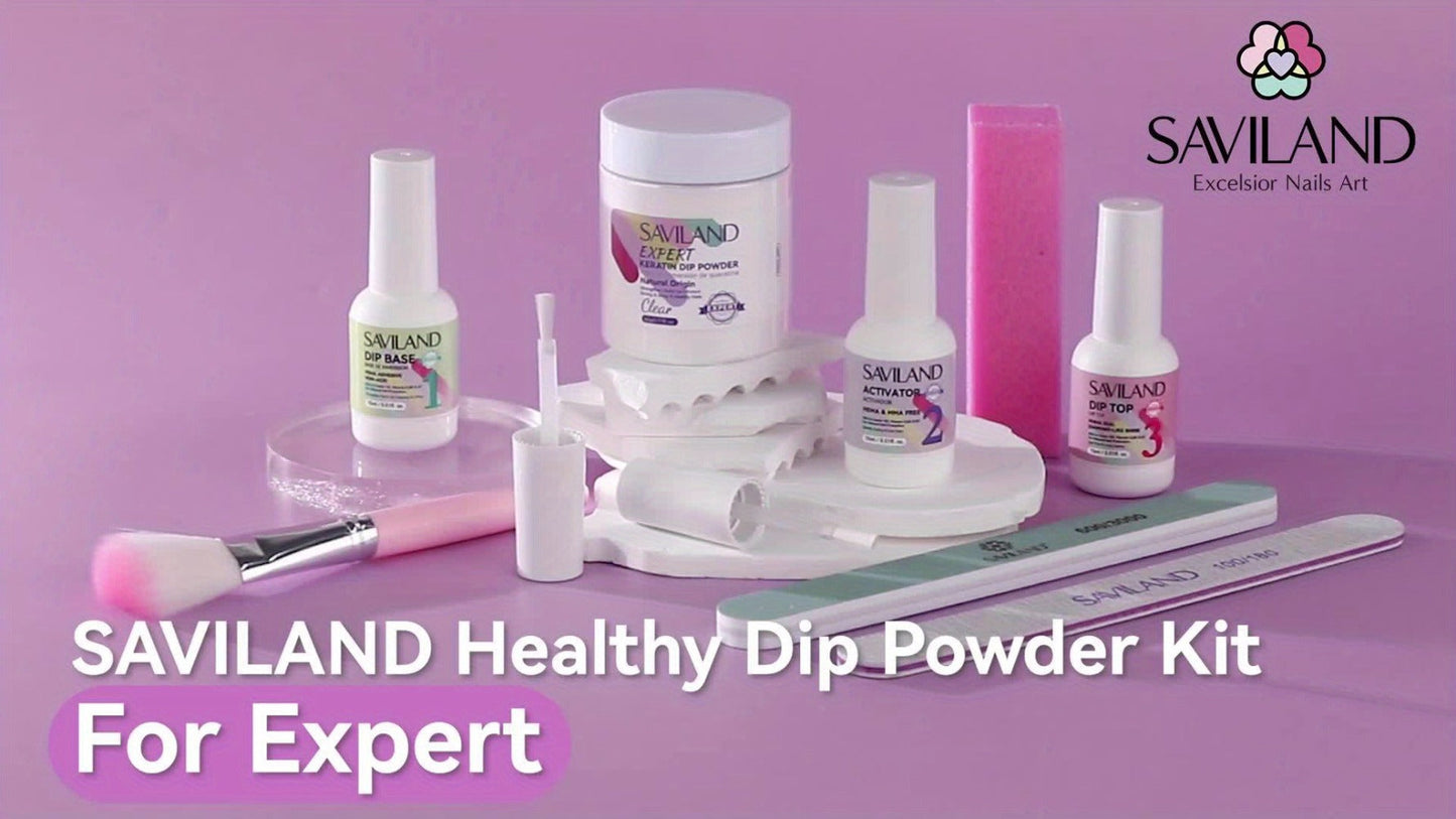 Dip Powder Nail Kit with SAVILAND Label, 60g Clear Powder, Three 15ml Liquids, Files, Buffer and Brush