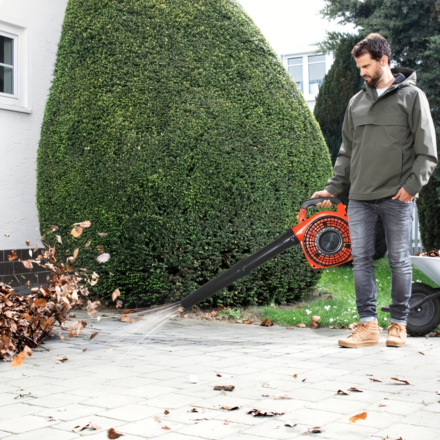 26CC Two-Cycle Gas Leaf Blower in Orange with Handheld Body, Two Straight Tubes, Fuel Container and Funnel