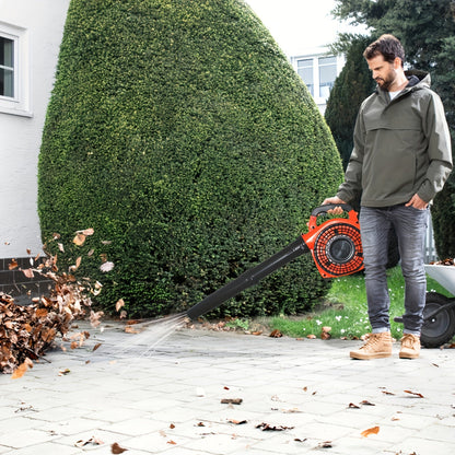 26CC Two-Cycle Gas Leaf Blower in Orange with Handheld Body, Two Straight Tubes, Fuel Container and Funnel