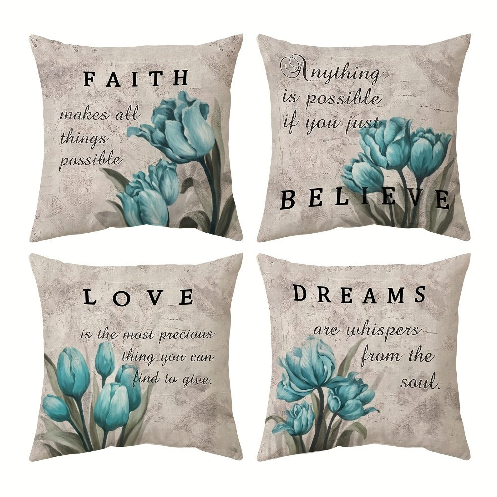 Four-Piece Teal Floral Pillow Cover Set, 18 x 18 Inches with Tulip Prints and Inspirational Words