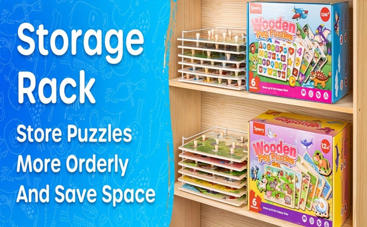 Six-Board Wooden Peg Puzzle Set with Metal Storage Rack and Scene or Animal Theme Checkout Options