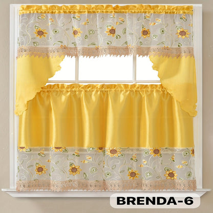 Three-Piece Patterned Kitchen Curtain Set with One Valance, Two Tiers and Forty-Six Exact Design Options