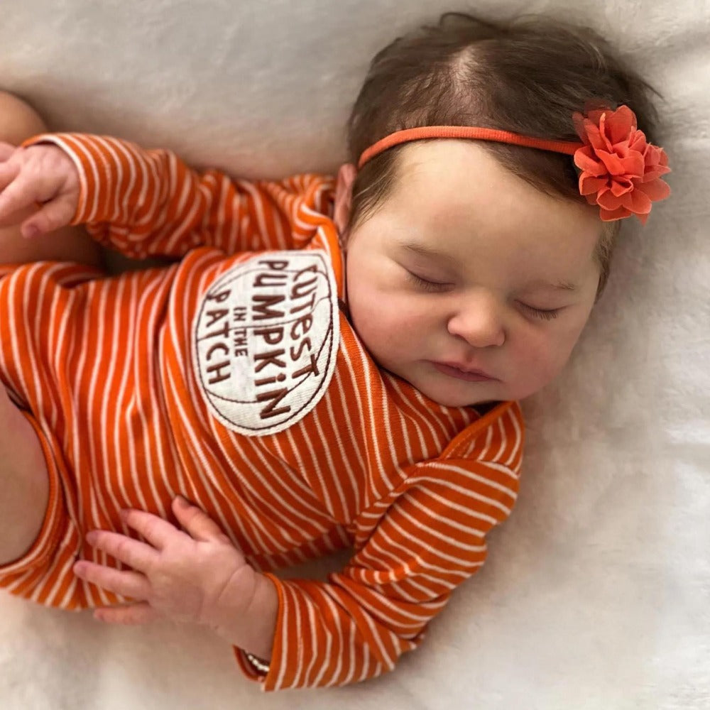Reborn Baby Doll 20-Inch Sleeping Cloth Body with Rooted Hair, Orange Outfit, Pacifier, Bottle and Certificate