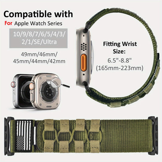 Rugged Nylon Apple Watch Band Men Sport Loop Soft Woven Adjustable Hook Loop Strap Compatible with Apple Watch Ultra 3 2 1 Series 1-11 SE 42mm 44mm 45mm 46mm 49mm Army Green Black Blue Orange Outdoor Hiking Gym