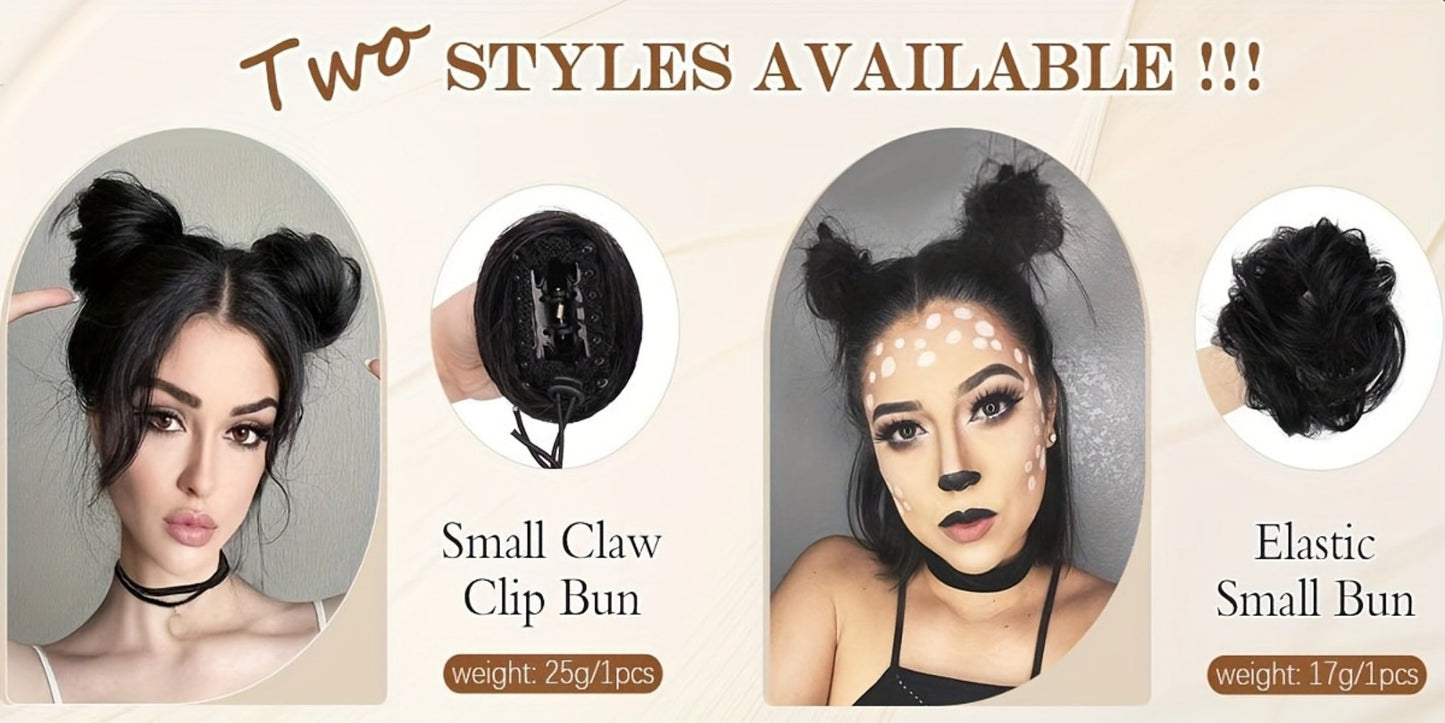 Mini Donut Bun Hairpiece with Cat Ears Claw Clip Messy Bun Synthetic Fiber Instant Updo – 2 Pcs Set for Women Girls All Hair Types Natural Black Brown Blonde 4 Inch