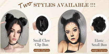 Mini Donut Bun Hairpiece with Cat Ears Claw Clip Messy Bun Synthetic Fiber Instant Updo – 2 Pcs Set for Women Girls All Hair Types Natural Black Brown Blonde 4 Inch