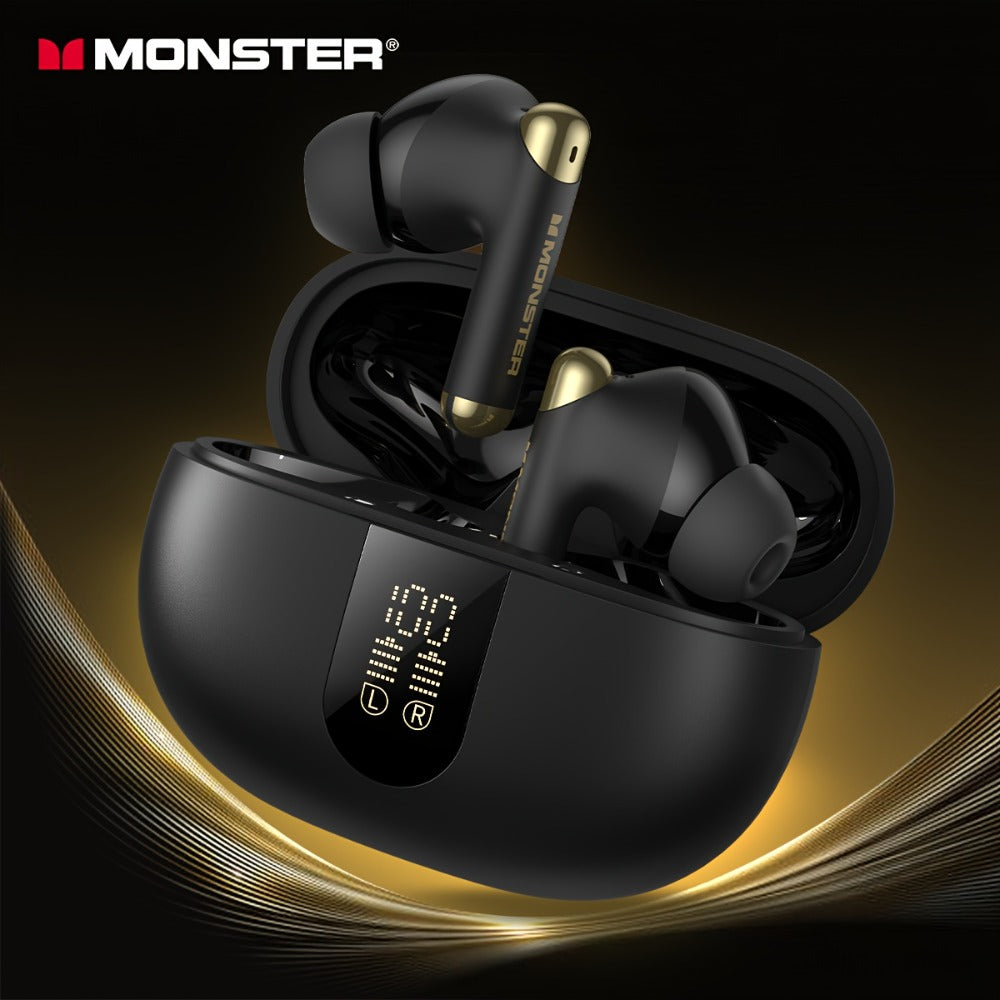Monster Wireless Earbuds Stereo Sport Earphones Noise Canceling Condenser Mic LED Display Built-in Microphone Clear Calls Bluetooth for Sports Gym Running Black