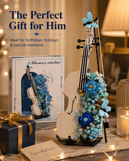 1419-Piece Flower Violin Building Block Model with Brick-Built Stand, Blue Blooms and Panel Detail