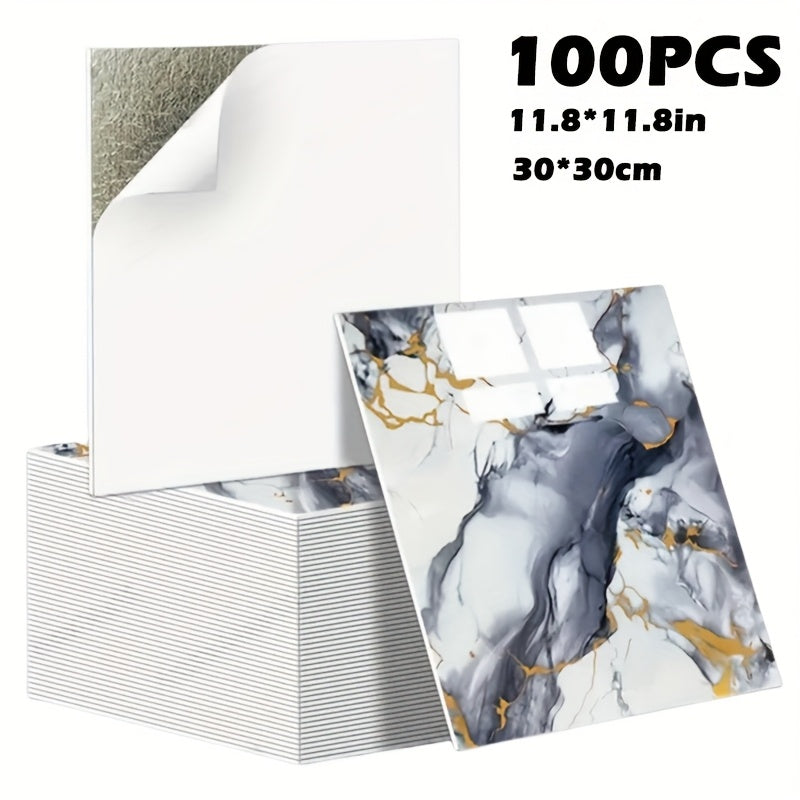 Peel and Stick Wall Tiles 50/100pcs - PVC Marble Self-Adhesive Vinyl Panels for Bathroom Shower Kitchen Living Room TV Backdrop