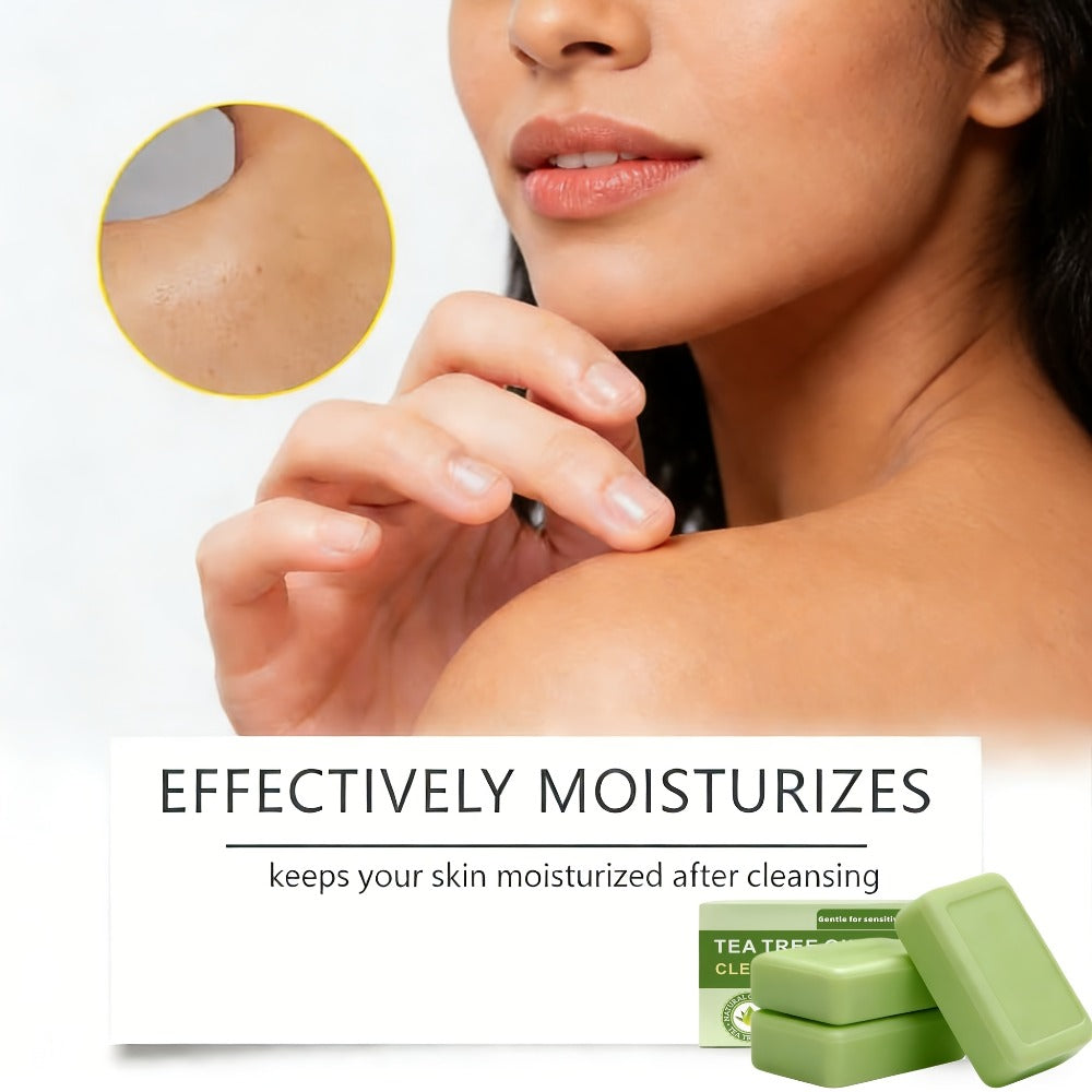 Tea Tree Bar Soap, Three-Pack of Green Plant-Essence-Labeled Bars for Face and Body Washing