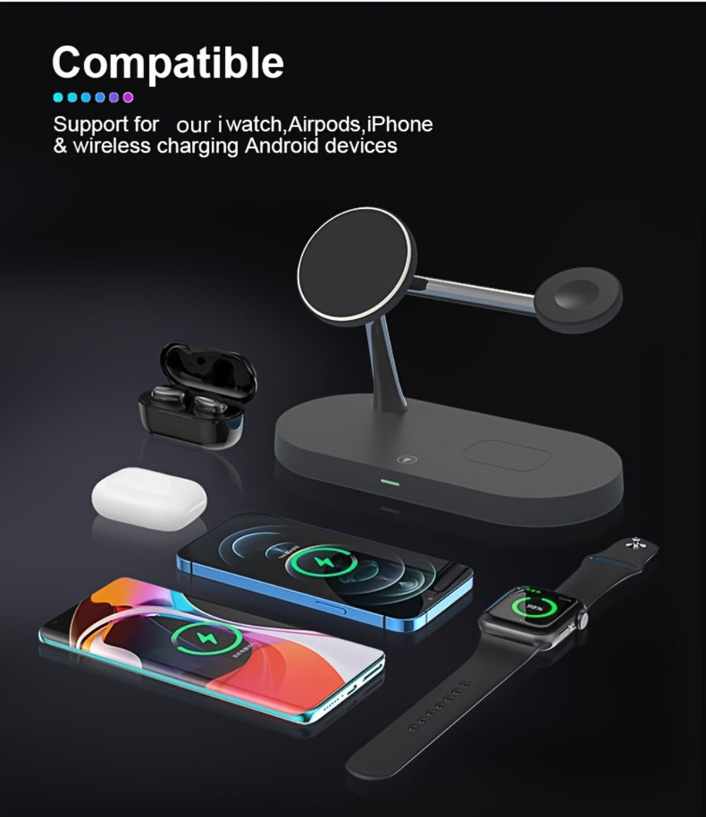 Wireless Charging Station, 3-in-1 Magnetic Stand with QC3.0 Adapter, Clock Display and White or Black Options