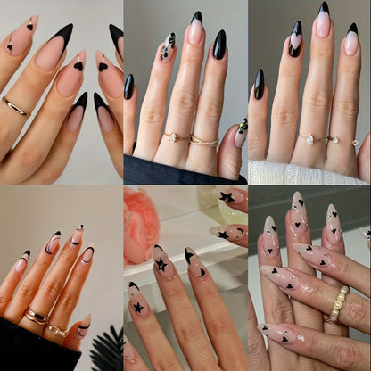 Press On Nails 144-Piece Short Almond Set with Pink Flowers, Rhinestones, Black French Tips and Glue