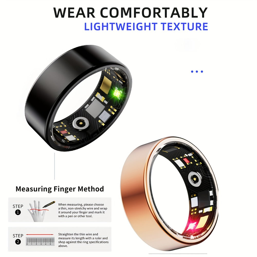 Screenless Smart Ring with Magnetic Charging Cable, Rose Gold, Black or Silver Finish and Sizes 7–13