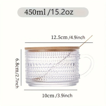 Glass Coffee Cups Set of 4 with Bamboo Lids and Spoons 450ml Vintage Embossed Iced Coffee Glasses for Cappuccino Latte Overnight Oats