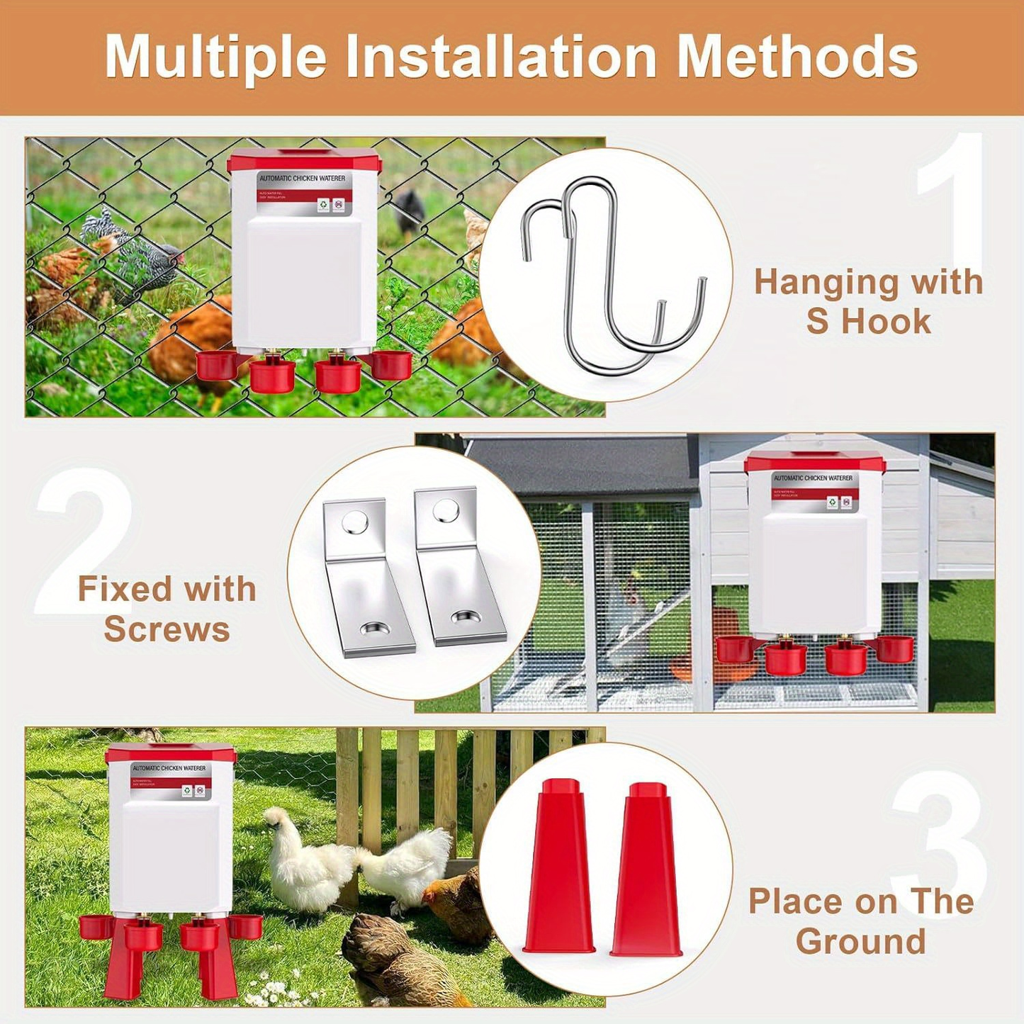 Hose-Connected Automatic Poultry Waterer with Float Valve, Four Cups and Red or Teal Color Options