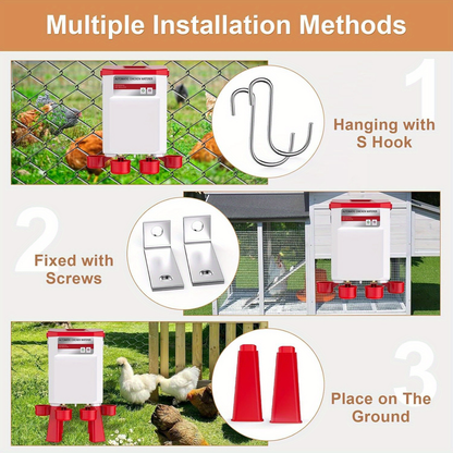 Hose-Connected Automatic Poultry Waterer with Float Valve, Four Cups and Red or Teal Color Options