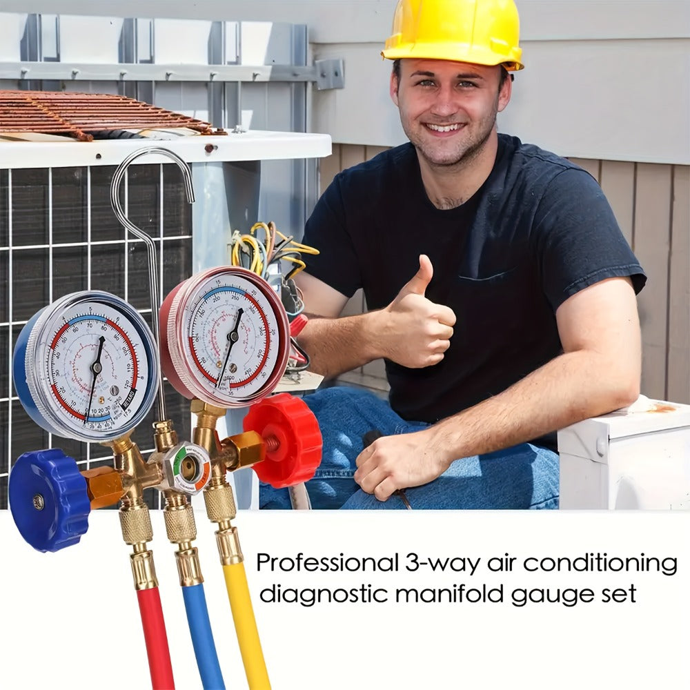 AC Manifold Gauge Set 3-Way with Color-Coded Hoses & Adapters for R134A R22 R12 R404A - HVAC Diagnostics A/C Recharge Leak Detection 0-500 PSI