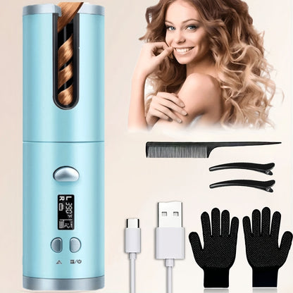 Cordless Automatic Hair Curler USB Rechargeable Rotating Curling Iron 6 Heat Settings LCD Display Auto Shut-Off Fast Heat-Up Storage Bag 4 Hair Clips Comb All Hair Types Women Blue Pink Gray Gradient