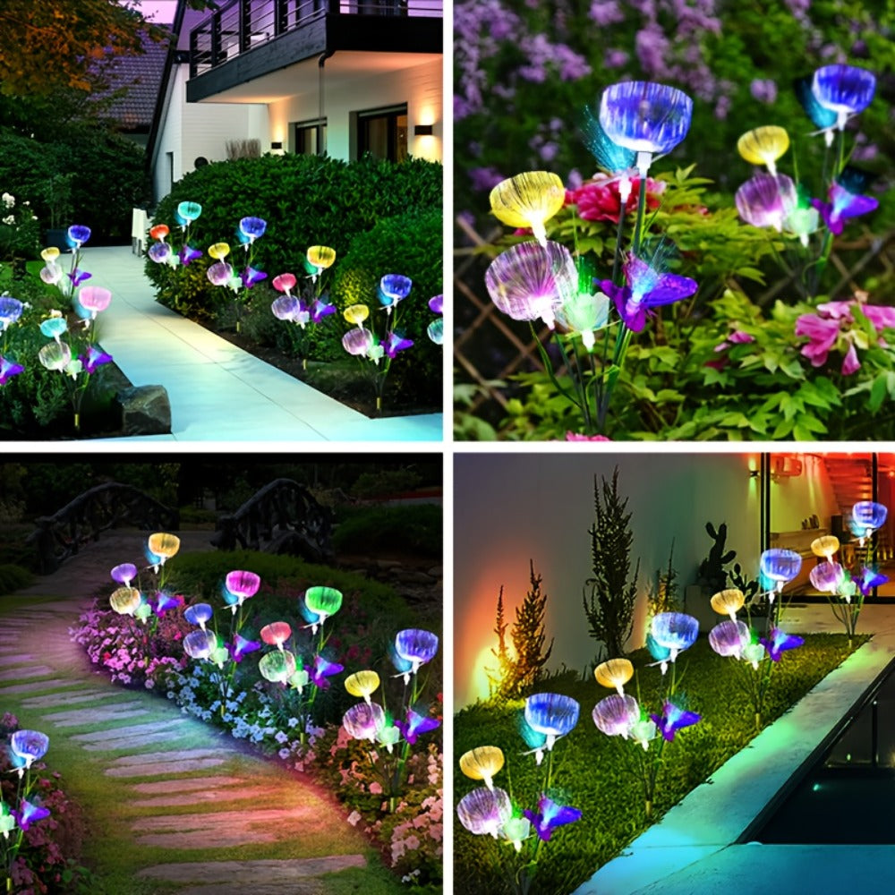 Solar Garden Lights 4-Pack, Fiber Optic Jellyfish Butterfly Stake Lights with 7-Color Changing LED & IP65 Waterproof — Solar Outdoor Lights for Garden Path, Yard, Patio & Holiday Decor