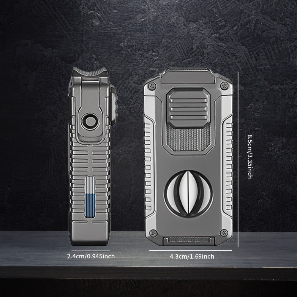 Three-Jet Refillable Butane Lighter with Fuel Window, Cigar Cutter, Punch and Needle Tools