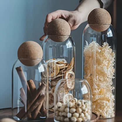 Three-Piece 17-Ounce Glass Storage Jar Set with Round Cork Stoppers for Tea, Candy, Spices or Dry Goods