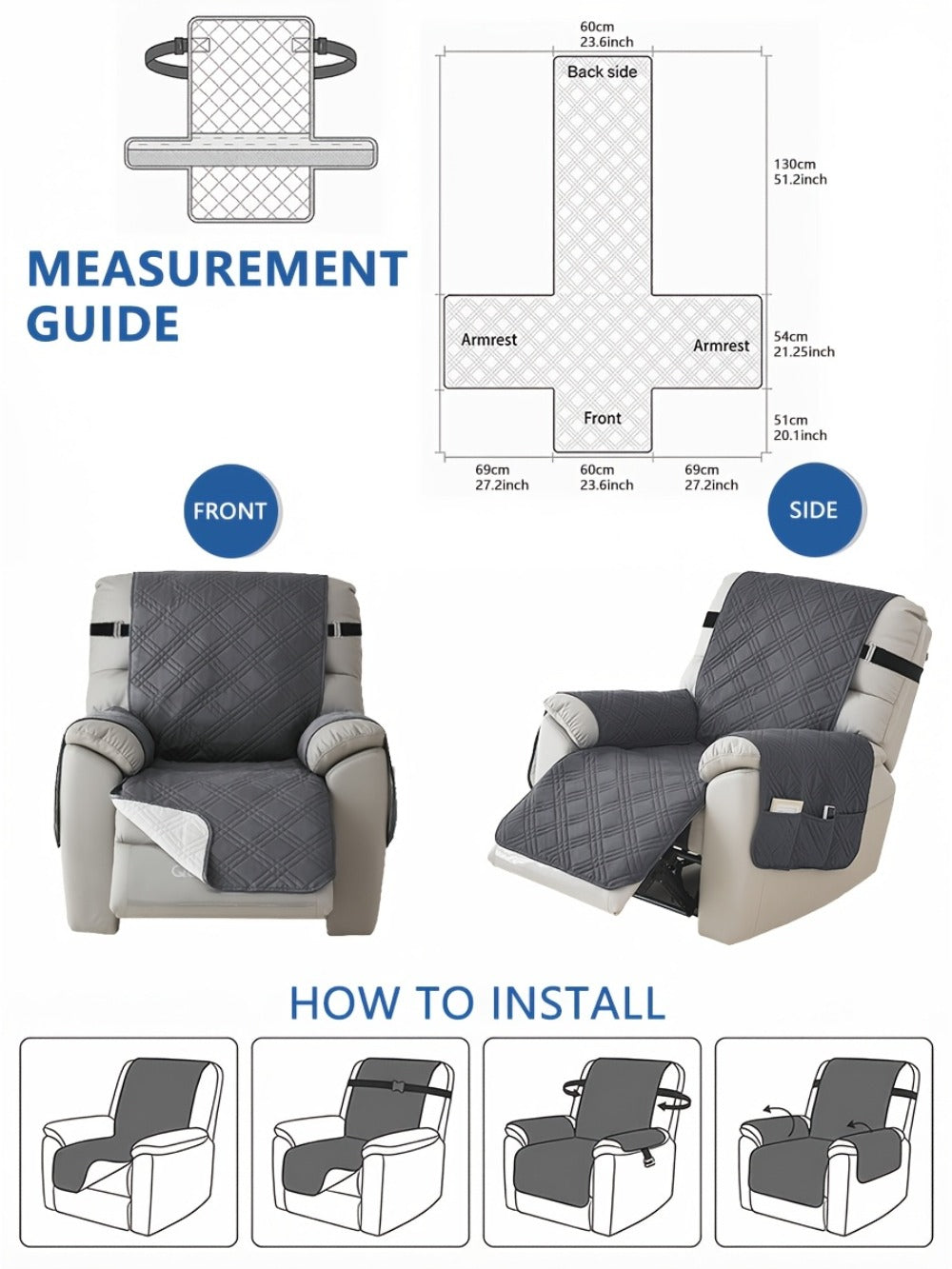 Quilted One-Piece Recliner Chair Cover with Side Pocket, Back Strap and Six Solid Color Options