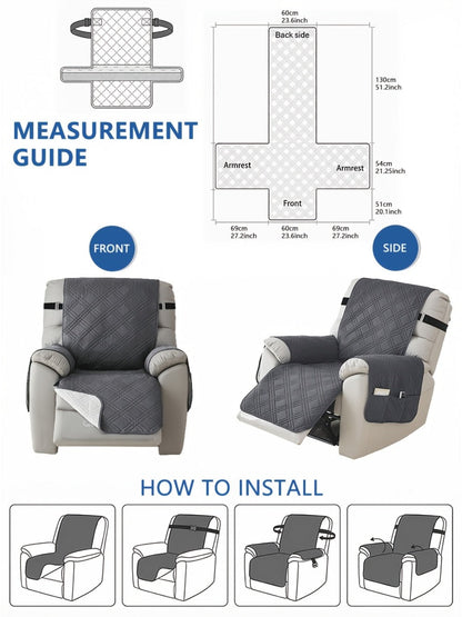 Quilted One-Piece Recliner Chair Cover with Side Pocket, Back Strap and Six Solid Color Options