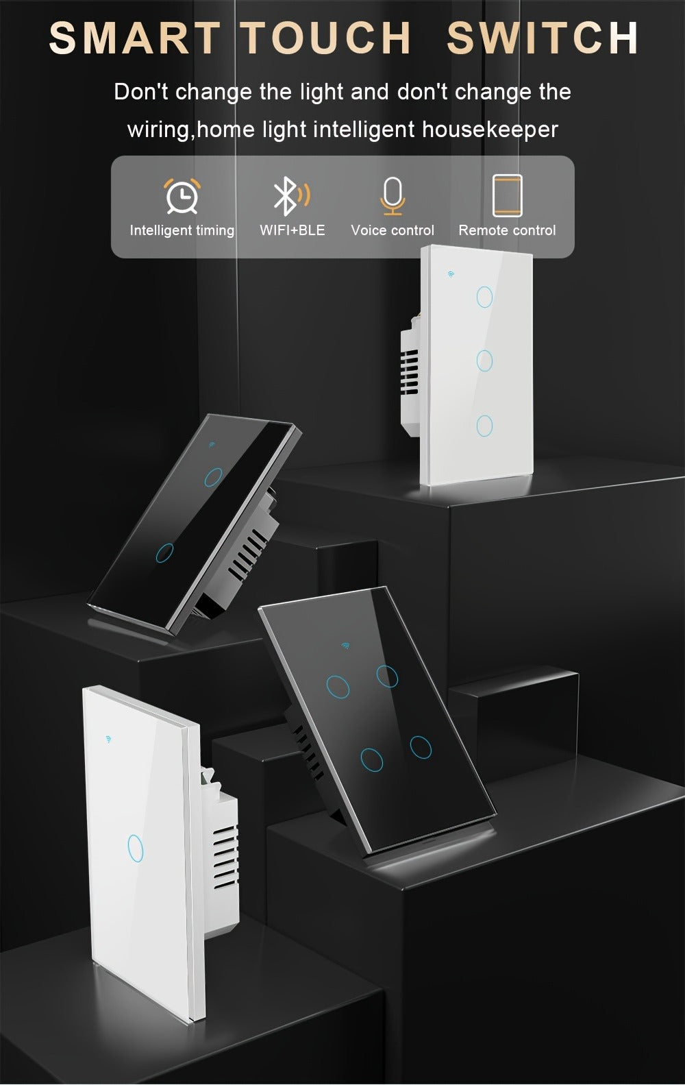 White Glass WiFi and Bluetooth Touch Wall Switch with One- to Four-Gang US-Style Options and Neutral-Wire Wiring