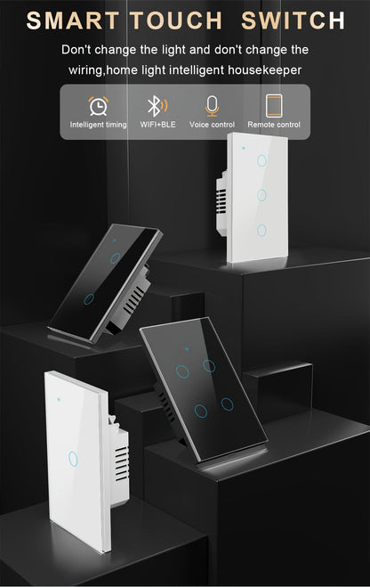 White Glass WiFi and Bluetooth Touch Wall Switch with One- to Four-Gang US-Style Options and Neutral-Wire Wiring