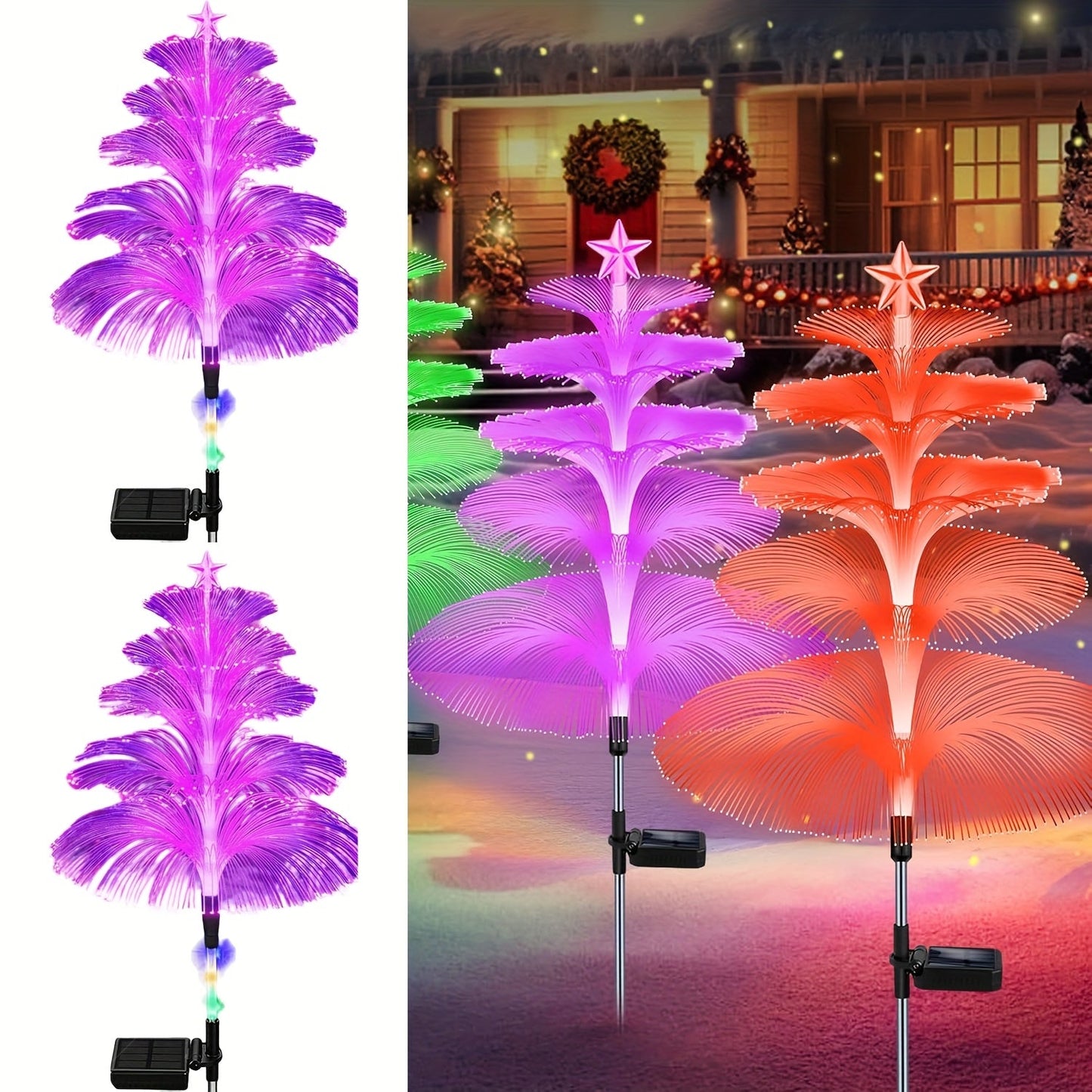 Solar Garden Light Fiber Optic Christmas Tree Stakes with 7-Color LEDs and 2 or 5-Layer Star Options