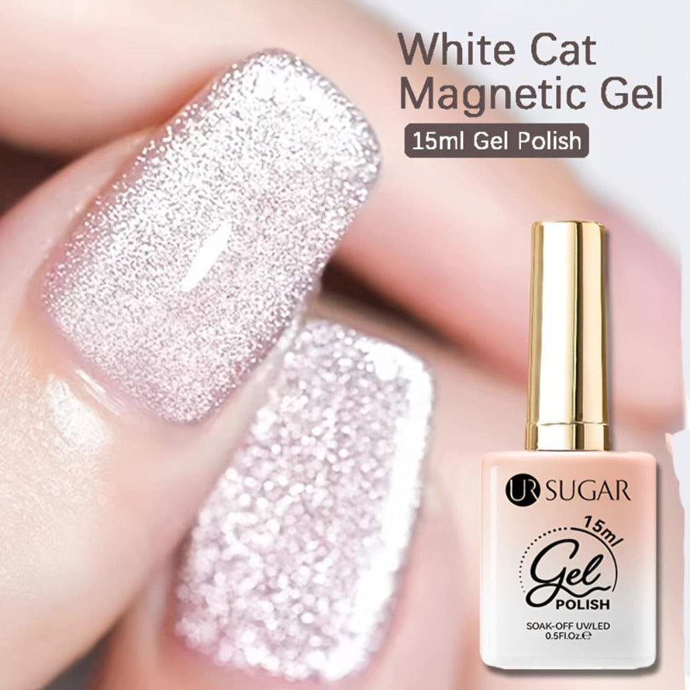 White Glitter Cat Eye Gel Polish Set 2pc Sparkling Magnetic with Stick Included | Soak Off UV LED 0.51oz Each Semi-Permanent 3D Nail Art | Salon & Home DIY Manicure Kit for Women Beginners