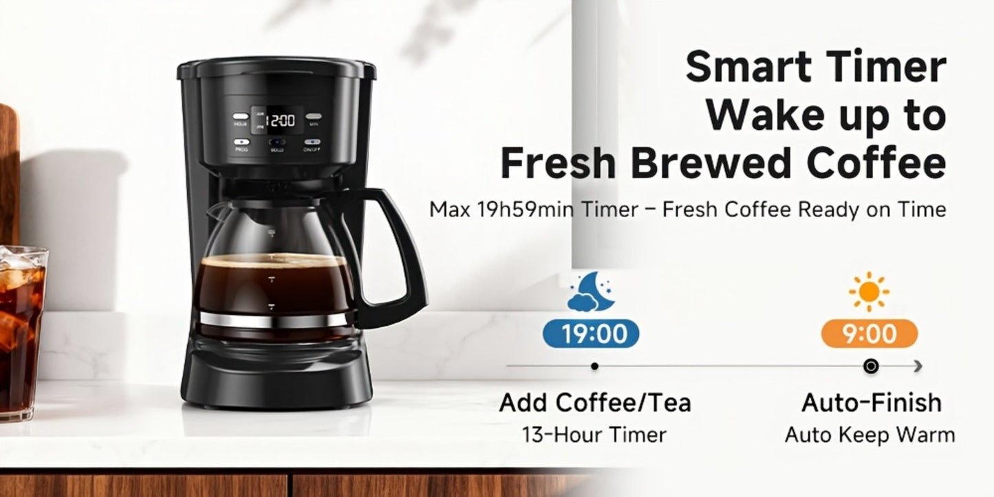 Five-Cup Programmable Drip Coffee Maker with Glass Carafe, Reusable Filter and Black or White Finish