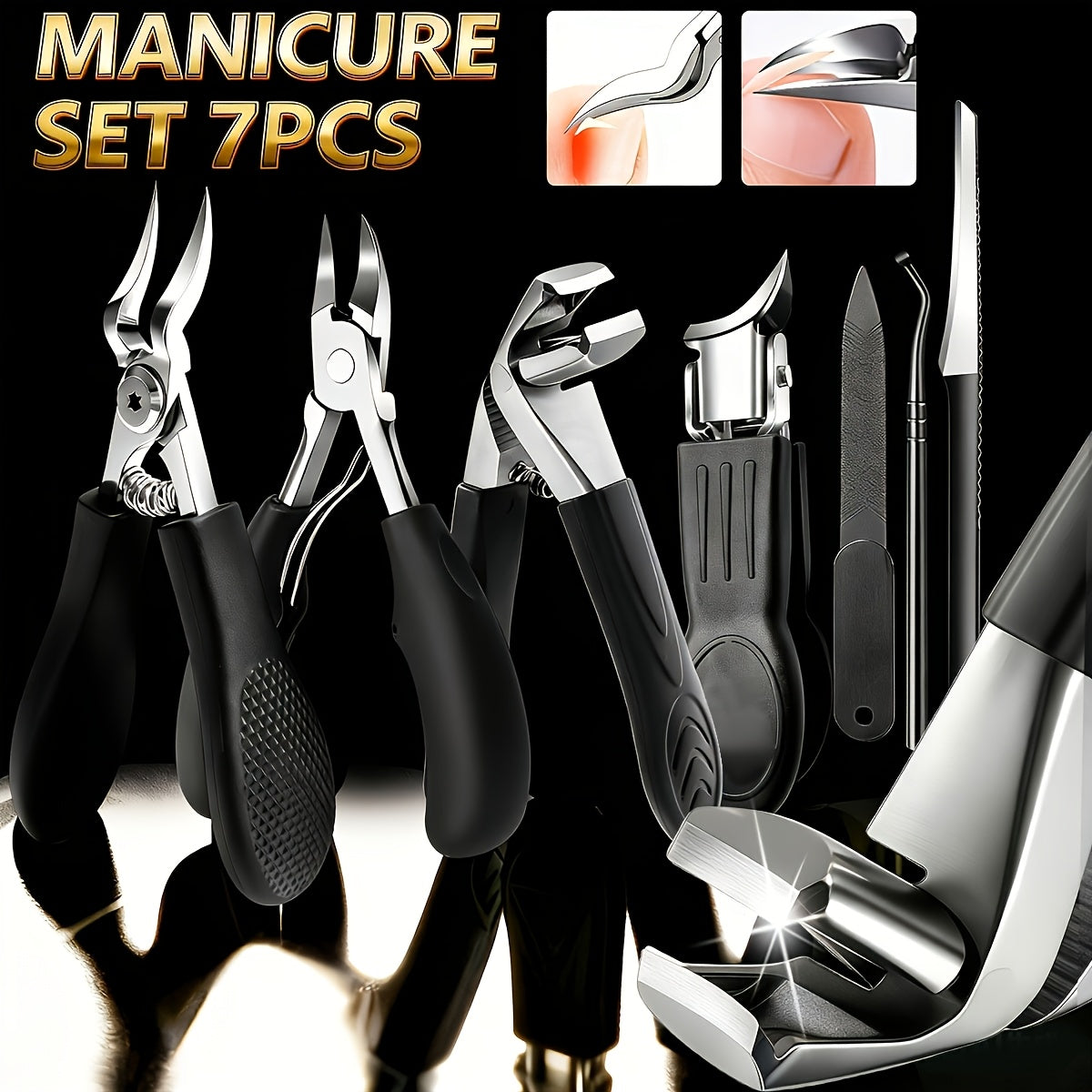 Seven-Piece Toenail Clipper Kit with Angled Nippers, Curved Blade Tool, Nail File and Lifter