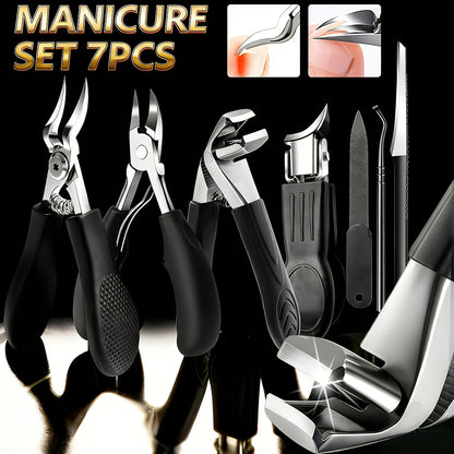 Seven-Piece Toenail Clipper Kit with Angled Nippers, Curved Blade Tool, Nail File and Lifter