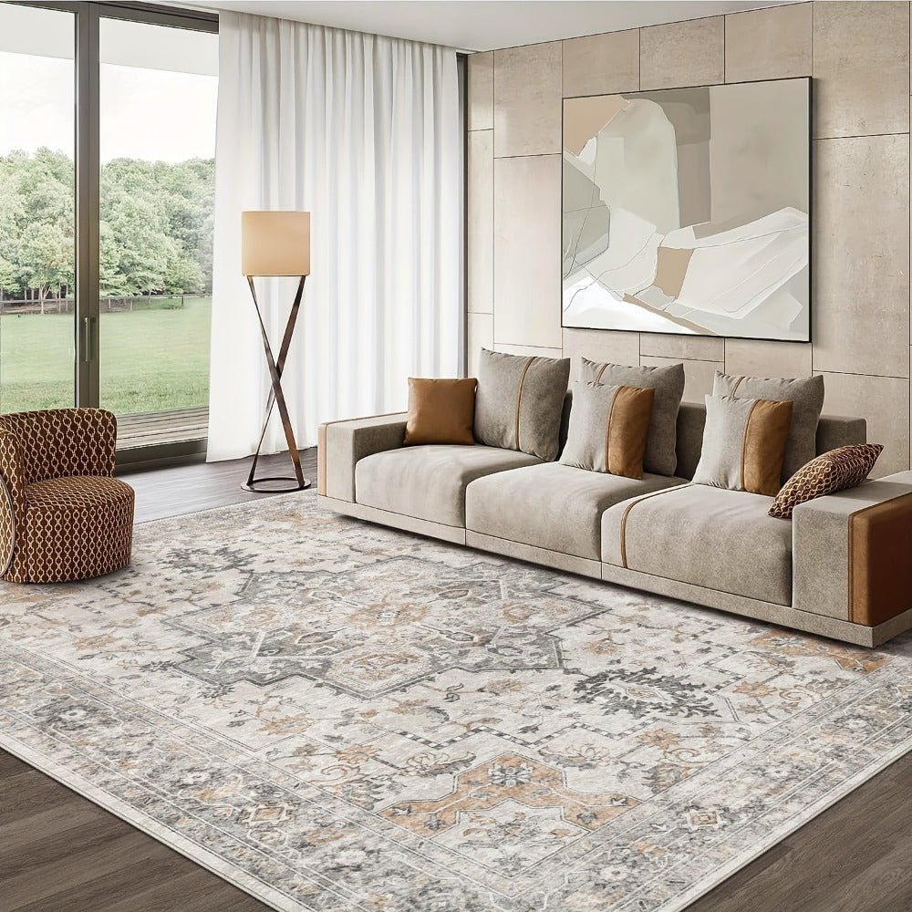 Area Rug Vintage Chenille Print in Light Taupe Brown with Eight Runner and Room Size Options