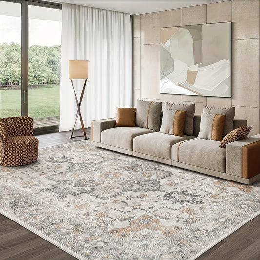 Area Rug Vintage Chenille Print in Light Taupe Brown with Eight Runner and Room Size Options