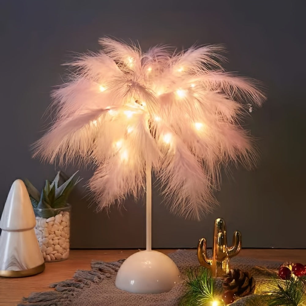 Night Light Feather Table Lamp with 40-Head Copper-Wire LEDs in White, Pink or Two-Piece Pink Options