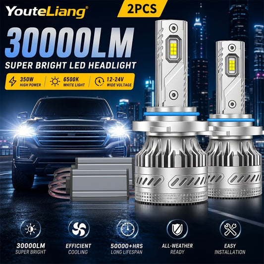 LED Headlight Bulbs 30000 Lumens 350W – H4 H11 9005/HB3 9006/HB4 9012/HIR2 | 6500K White 12V | 2-Pack Upgrade for Brighter Nighttime Driving