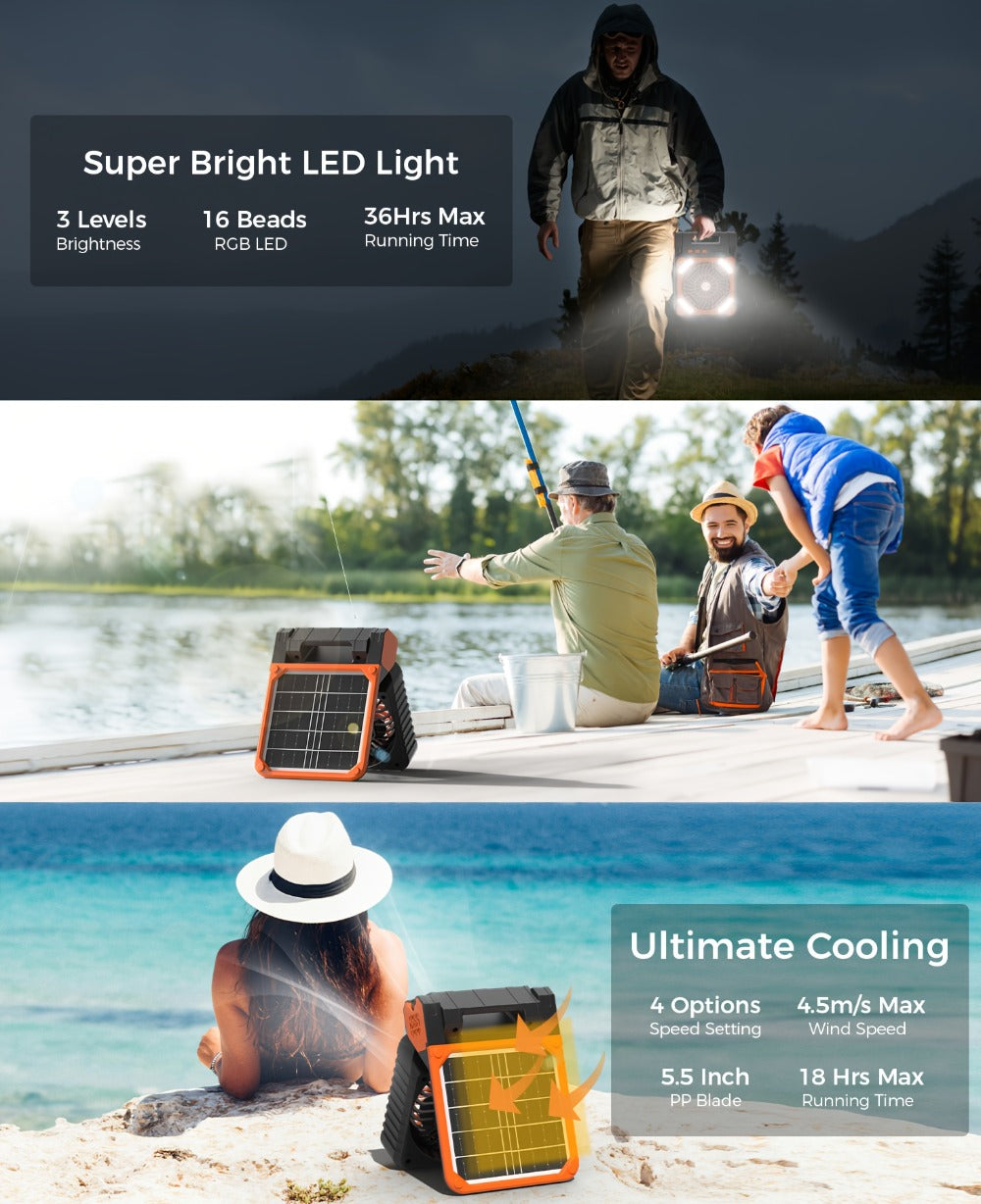 Solar Camping Fan and Light with Folding Panel, USB-C Input, Timer Controls and Three Color Options