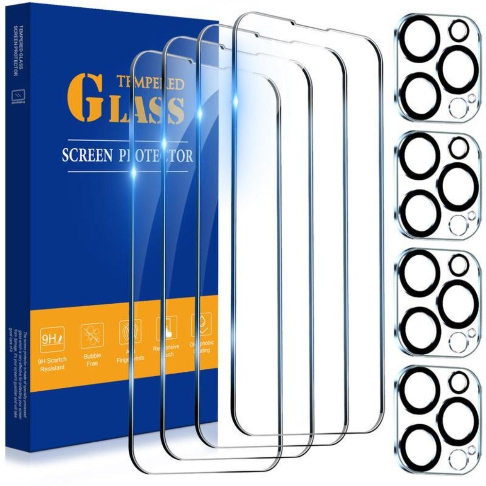 Screen Protector, 8-Piece Clear Tempered Glass Set with Four Screen Films and Four Camera Lens Covers for Selected iPhone Models